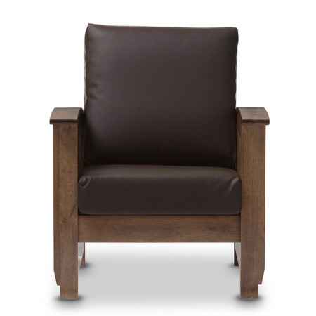 BAXTON STUDIO Charlotte Walnut Wood and Brown Faux Leather 1-Seater Lounge Chair 125-6900